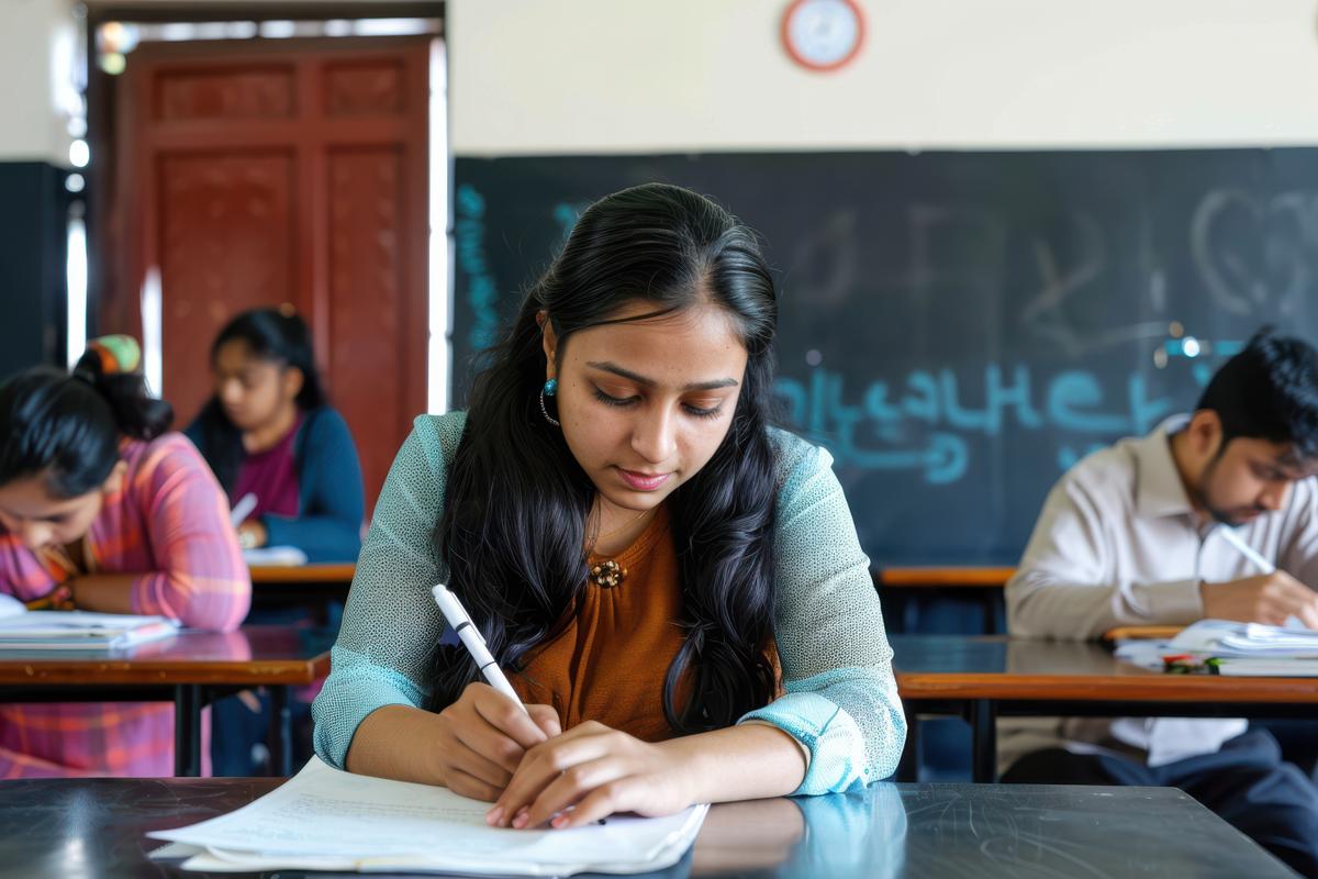 Students taking a test in a classroom
